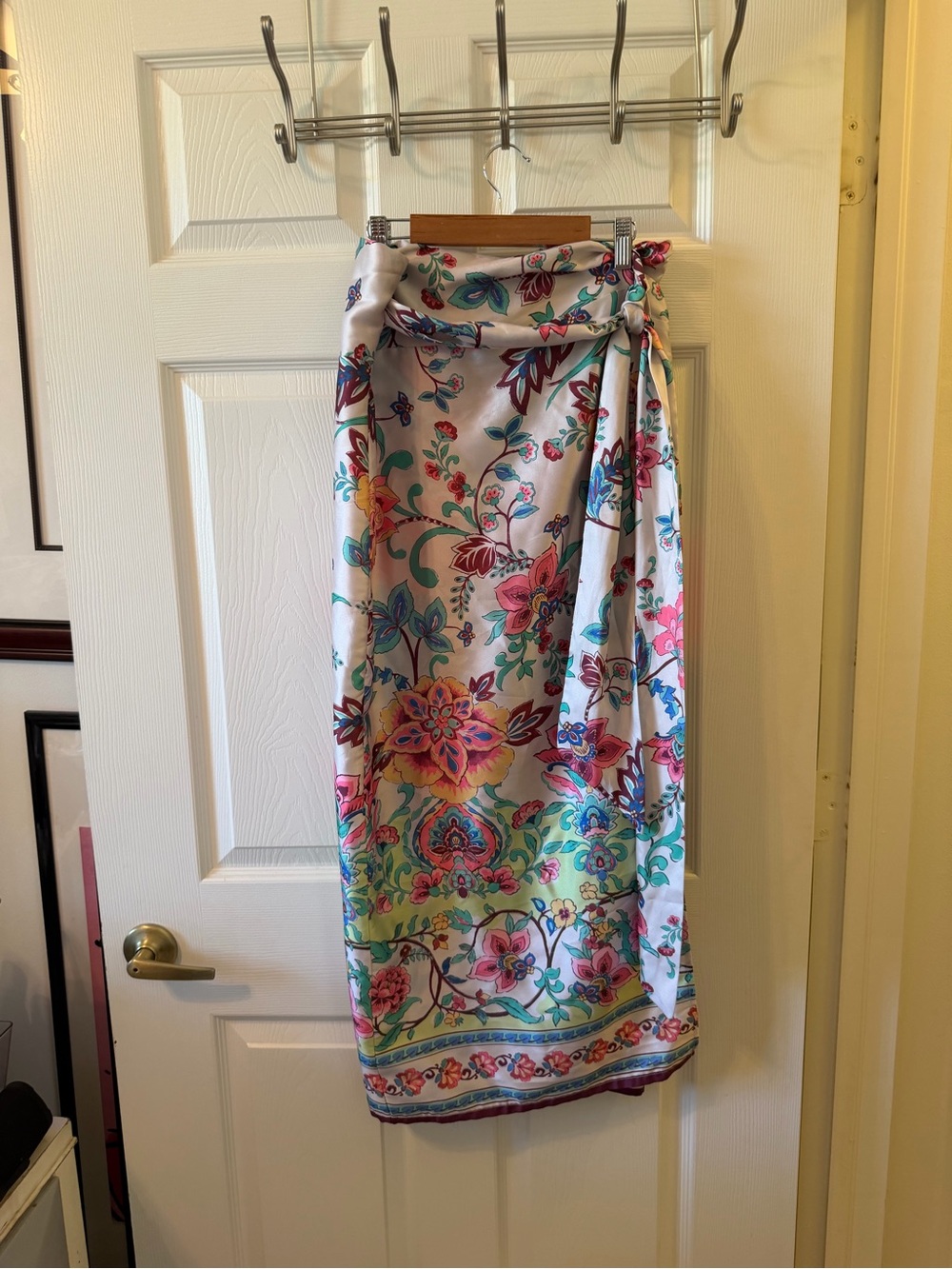 Vici White Floral Tie-Waist Midi Skirt with Pink & Teal Accents